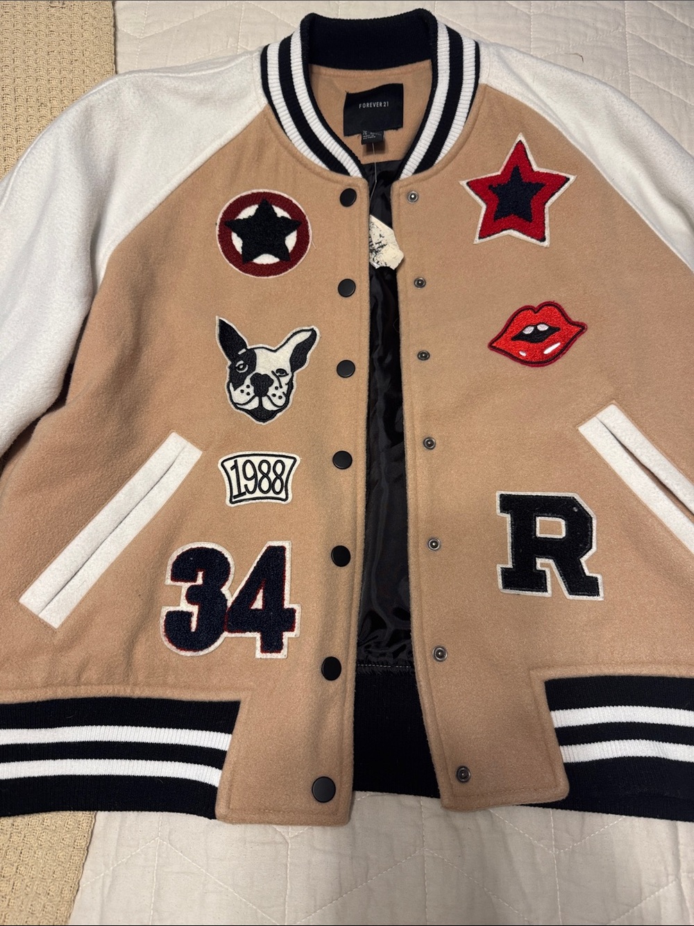 Forever 21 Tan & White Patchwork Varsity Jacket